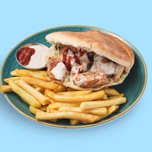 Chicken doner kebab with fries and salad
