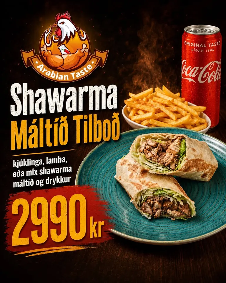 Shawarma Máltíð Tilboð — shawarma meal deal poster: wrap, fries and a Coca-Cola for 2.990 kr